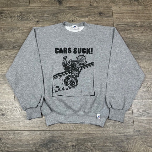 Vintage Motorcycle Sweatshirt Adult Small Gray‎ 'Cars Suck' Russell Athletic - Picture 1 of 5